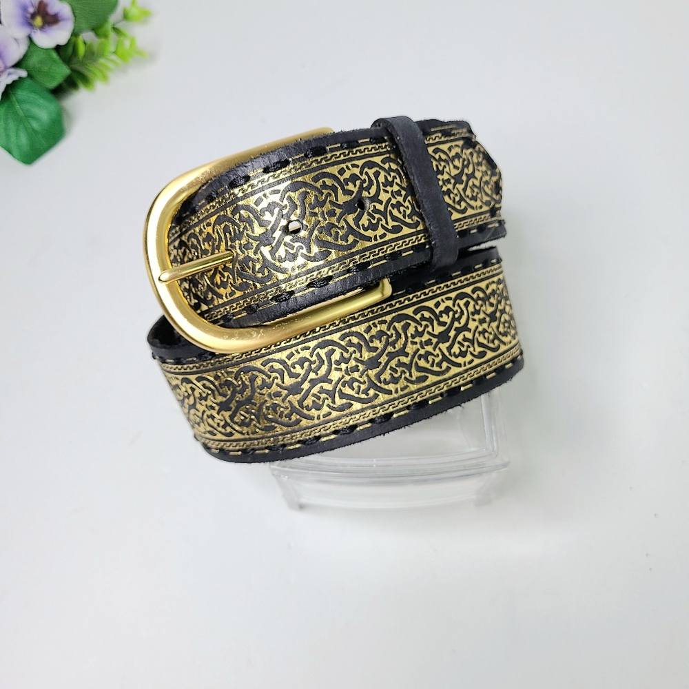 Western Black Ornate Gold Metallic Large Brass Buckle Genuine Leather Belt